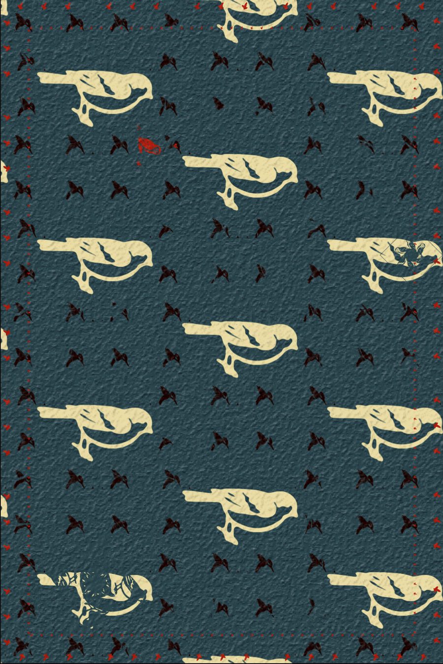 A pattern of pale birds printed in rows on dark blue-green paper, with a slightly uneven ink texture.