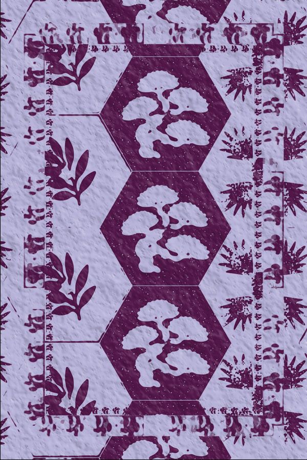 Purple bonsai trees in a column of hexagons, edged with leaf prints.