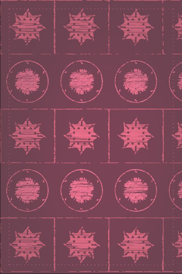 Pink sun shapes in squares and circles on a muted plum ground.