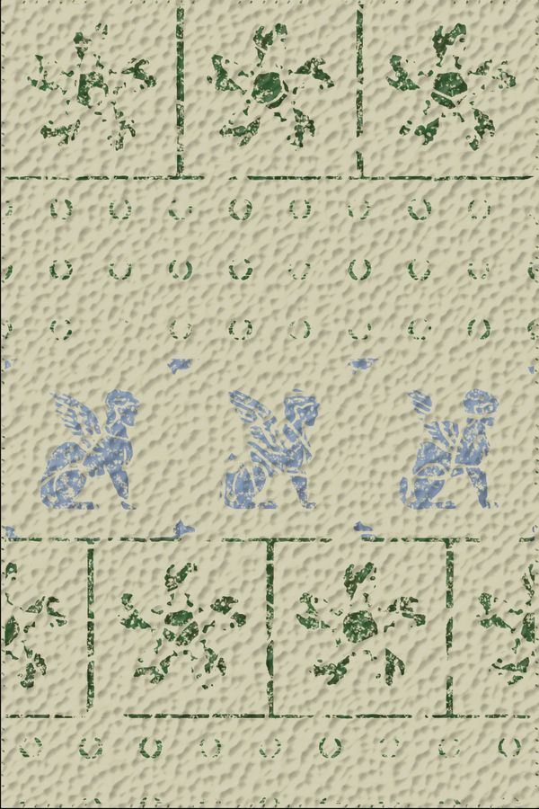 Green flower stamps and blue griffins in rows on a pale sand ground.