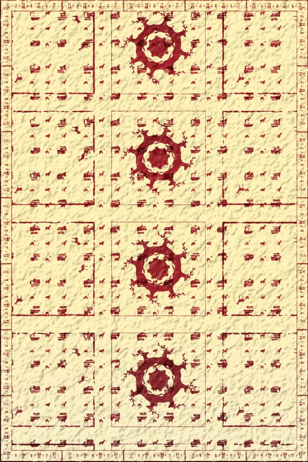 Red sun medallions in a framed grid on pale yellow paper.